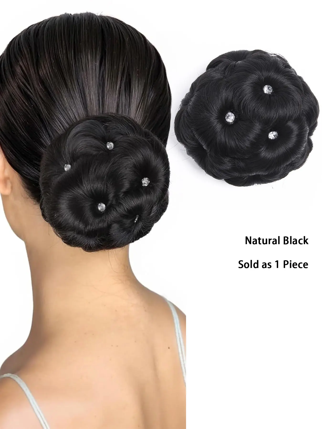 Messy Bun Hair Piece for Women, Rhinestone Flower Claw Clip-in Synthetic Chignon, Updo Hair Extension, Rhinestone Bun Hairpiece, Suitable for Daily Wear