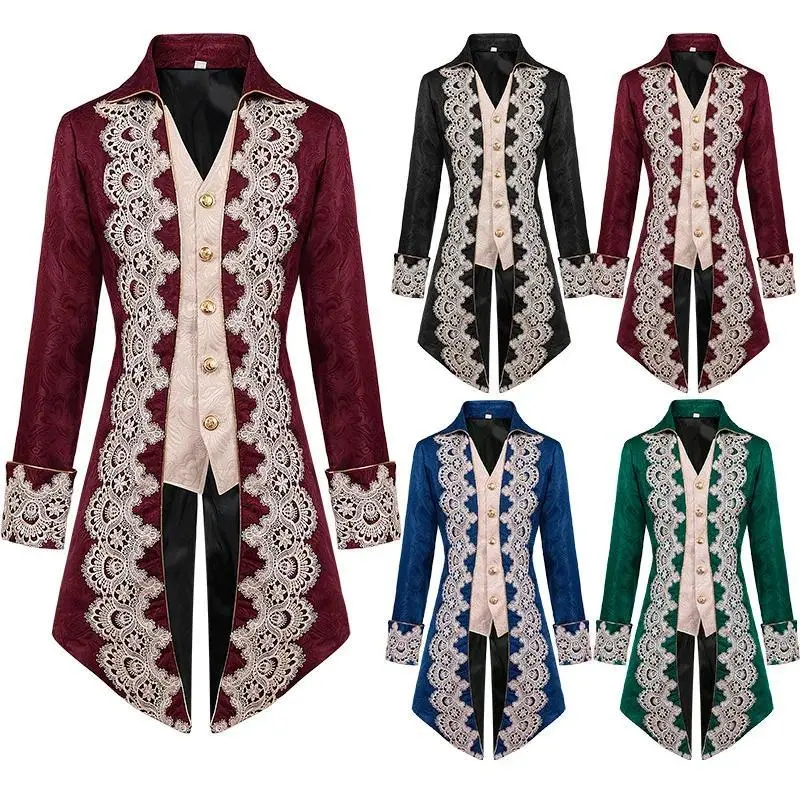 Men's Steam Punk Medieval Tailcoat Gothic Victorian Dress Coat Uniform with Lace Halloween Cosplay Stage Performance Clothing