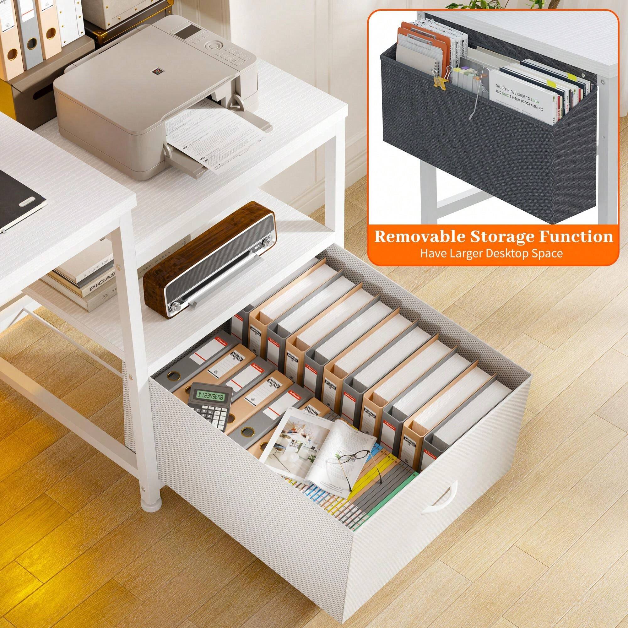 56.5" Computer Desk With File Drawers Cabinet, Study Writing Gaming Desk With Power Outlets, Home Office Desk With Shelves Monitor Stand, Work Table With Printer Space