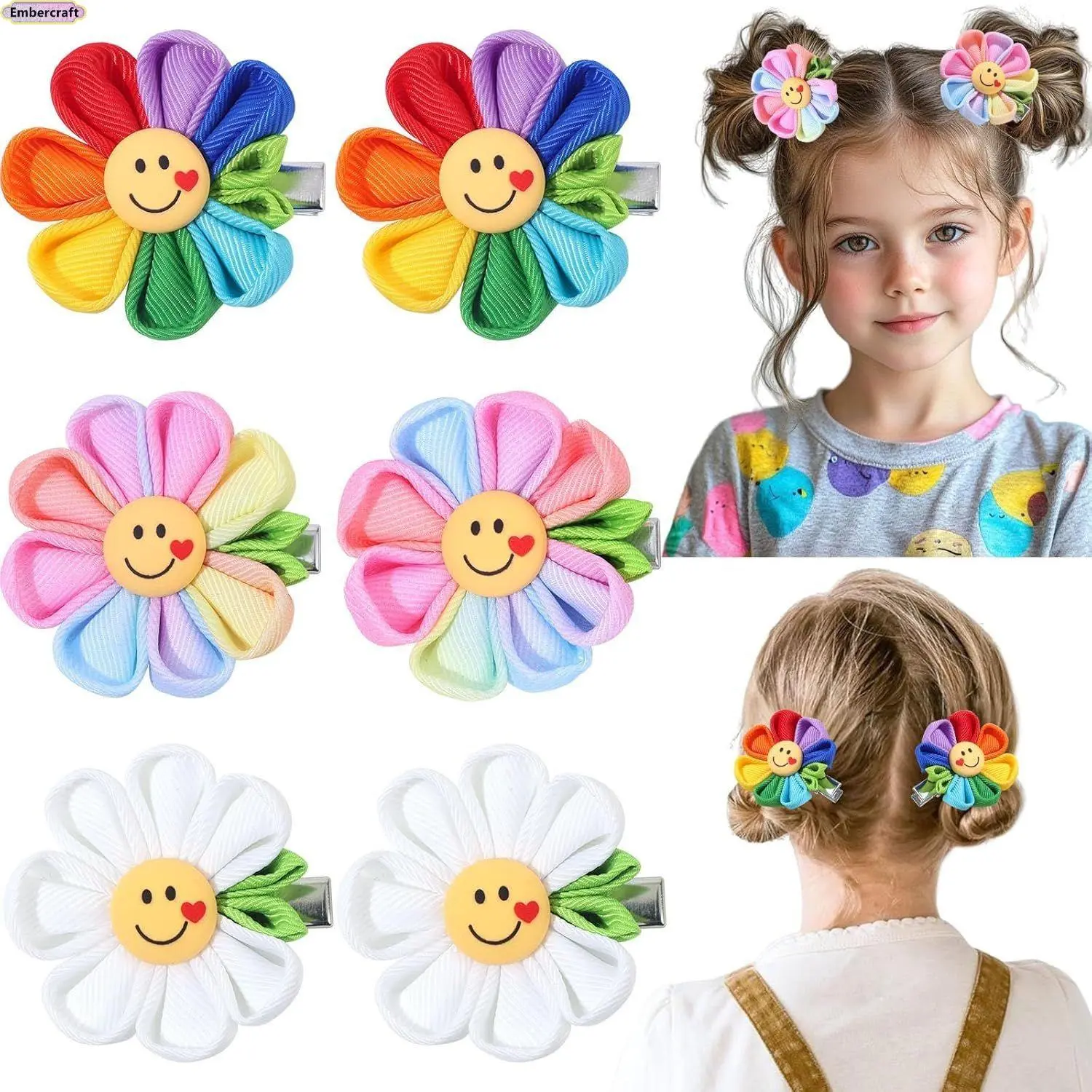 Hair Clips for Girls, Cute Aesthetic Smiley Face & Sunflower Barrettes, 1 Size Colorful Hair Accessories for Daily Use, One Size