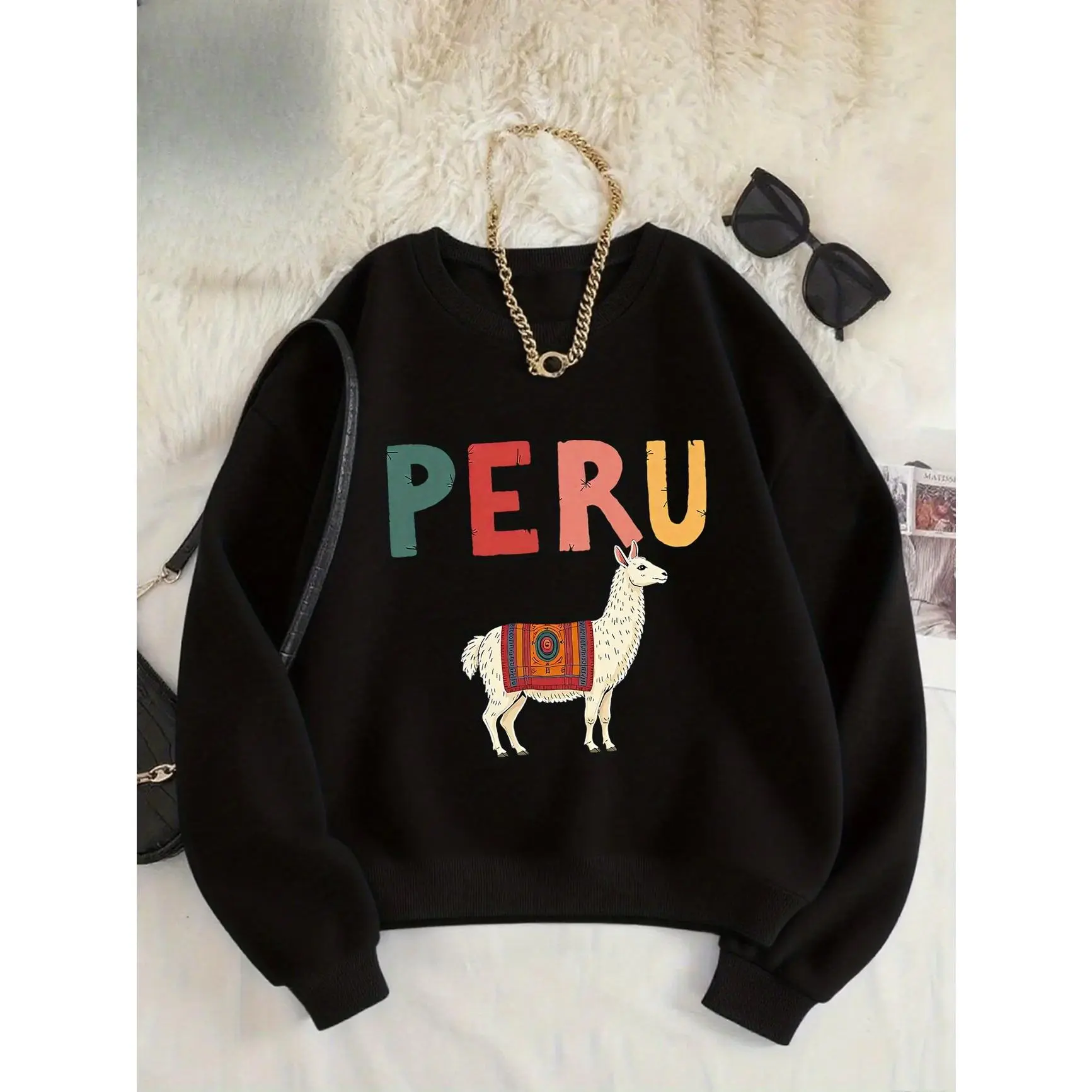 PERU Llama Graphic Oversized Cotton Sweatshirt, Comfort Fashion Outfit, Cute Travel Gift For Him Her, Valentine's Day Present, Best Holiday Gift For Family Lover Friends