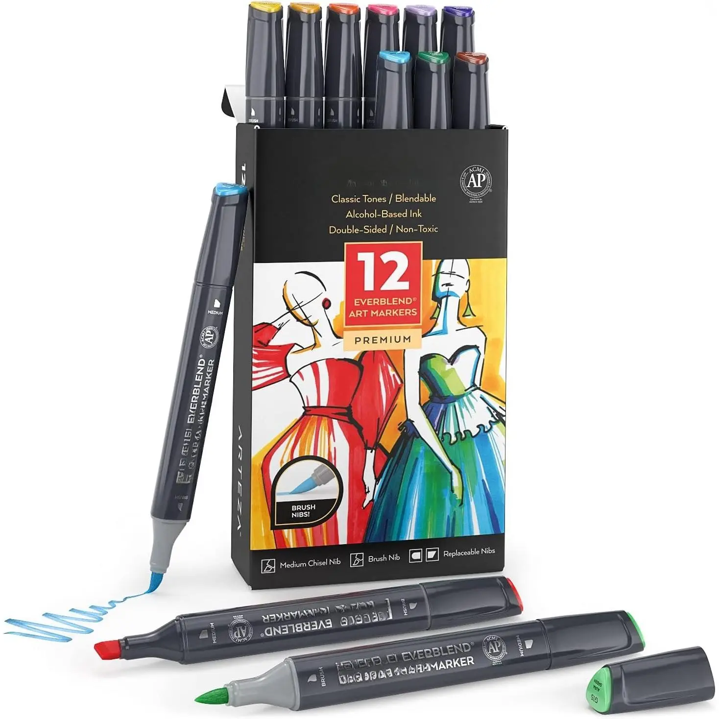 Markers Set of 12 Classic Colors, EverBlend -Tip Markers for Adult Coloring - Medium Chisel and Brush Nib