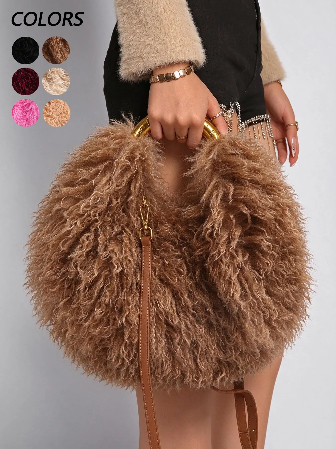 New autumn and winter simple and stylish soft plush handbag, with a metal ring handle design, long shoulder strap for single shoulder or crossbody wear, a versatile handbag for daily use, dinners, parties, dates, and shopping.