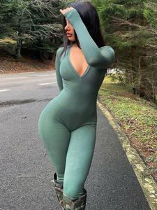 women's solid color deep v neck ribbed jumpsuit, casual comfy long sleeve skinny jumpsuit for spring & fall,  jumpsuit for women, women's clothes for daily wear