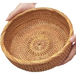 9.2" Medium Round Rattan Wicker Bread Basket, Natural Fruit Basket for Kitchen Counter, Hand Woven Food Baskets, Artisanal Bread Baskets for Serving, Fruit, Vegetable, Snack, key, Etc.