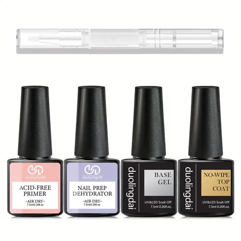 Nail Prep Dehydrator & Acid-free Primer Gel Base Top Coat Set with Nail Cuticle Oil, 5 Counts/set Dehydrator for Acrylic & Soak Off Gel Nail Polish, Gentle Nail Polish Set, Cosmetic, Manicure, Nail Care Solution, Nail Products
