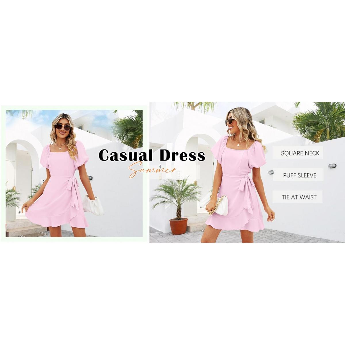 Women's Summer Square Neck Puff Sleeve Tie Short Dress