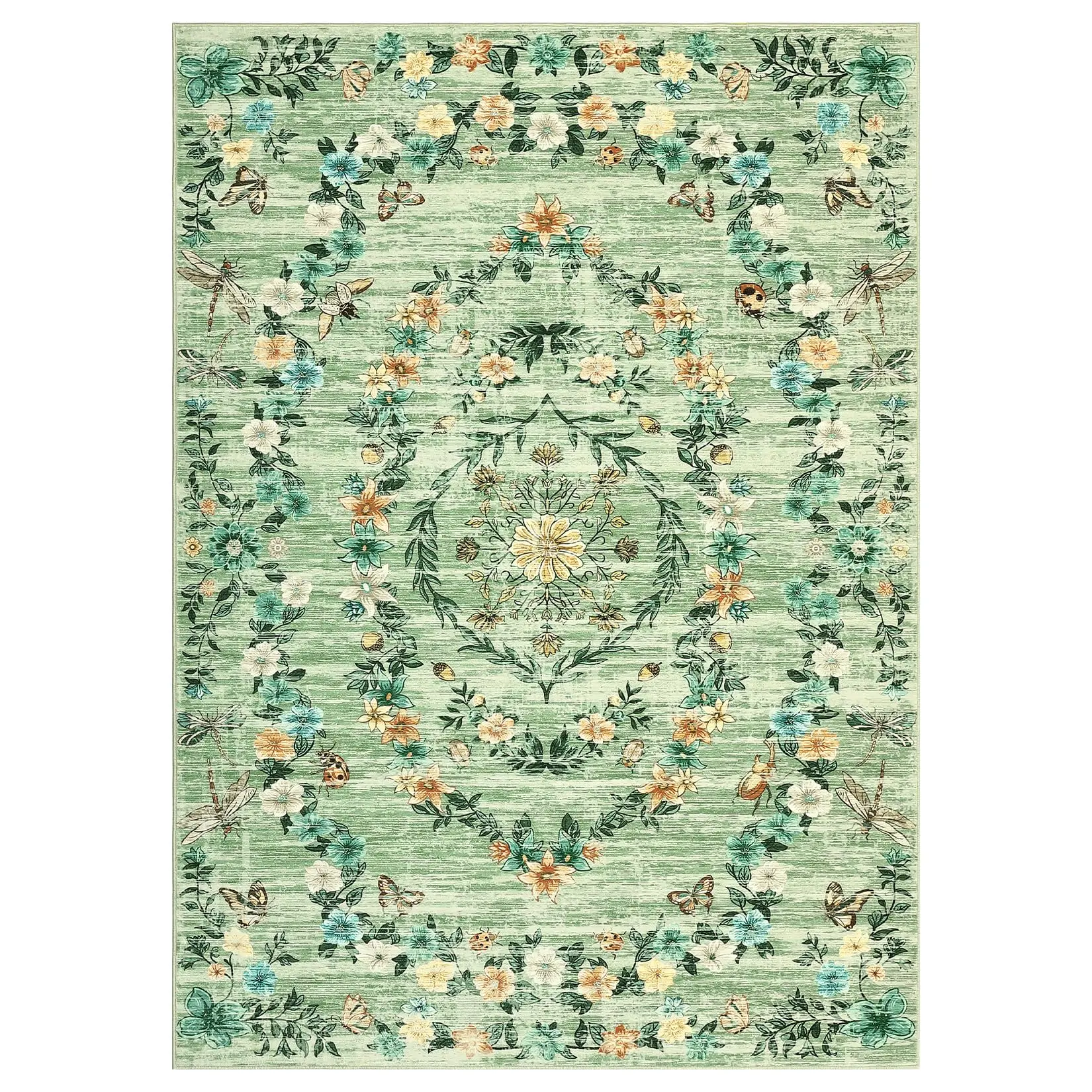 Garvee Insect Botanical Washable Rugs for Living Room 5x7 Non-Slip Modern Floral Print Throw Rug for Bedroom, Stain-Resistant Indoor Dining Room Carpet for Under Table Entryway Kitchen Office, Green