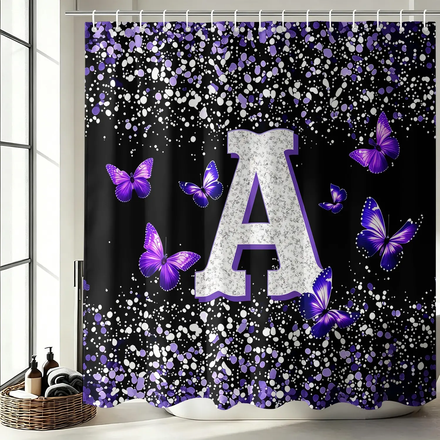 Customized A-Z Letter Shower Curtain, Black Background with Purple Butterfly Print, Waterproof And Mildew-Resistant Polyester Bathroom Partition Curtain, Trendy And Luxurious Home Bathroom Curtain (72×72 Inches).