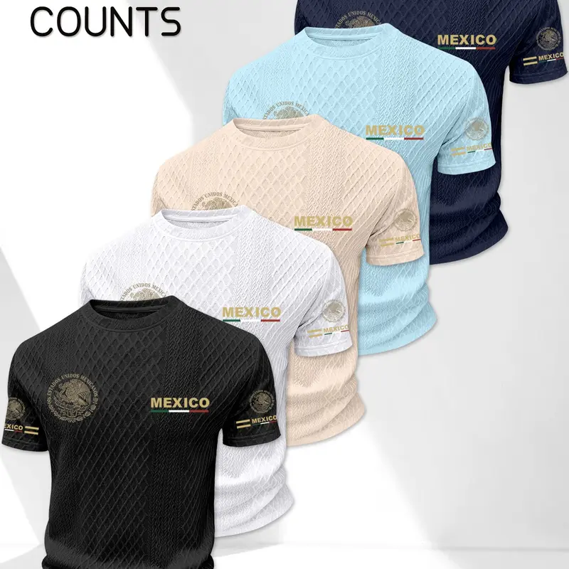 Mexico Themed Textured Short Sleeve Round Neck Menswear T-Shirt with Mexico Flag and Coat of Arms Print, Available in Five Colors, Casual Streetwear Summer Fashion for Men