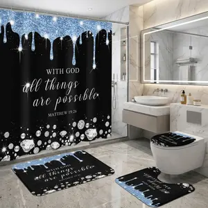 4pcs Faith Quote Shower Curtain Set, With God All Things Are Possible, Black Blue Drip Sparkle Bathroom Decor, Christian Home Decor, TikTok Shop Trend, Holiday Gift Idea