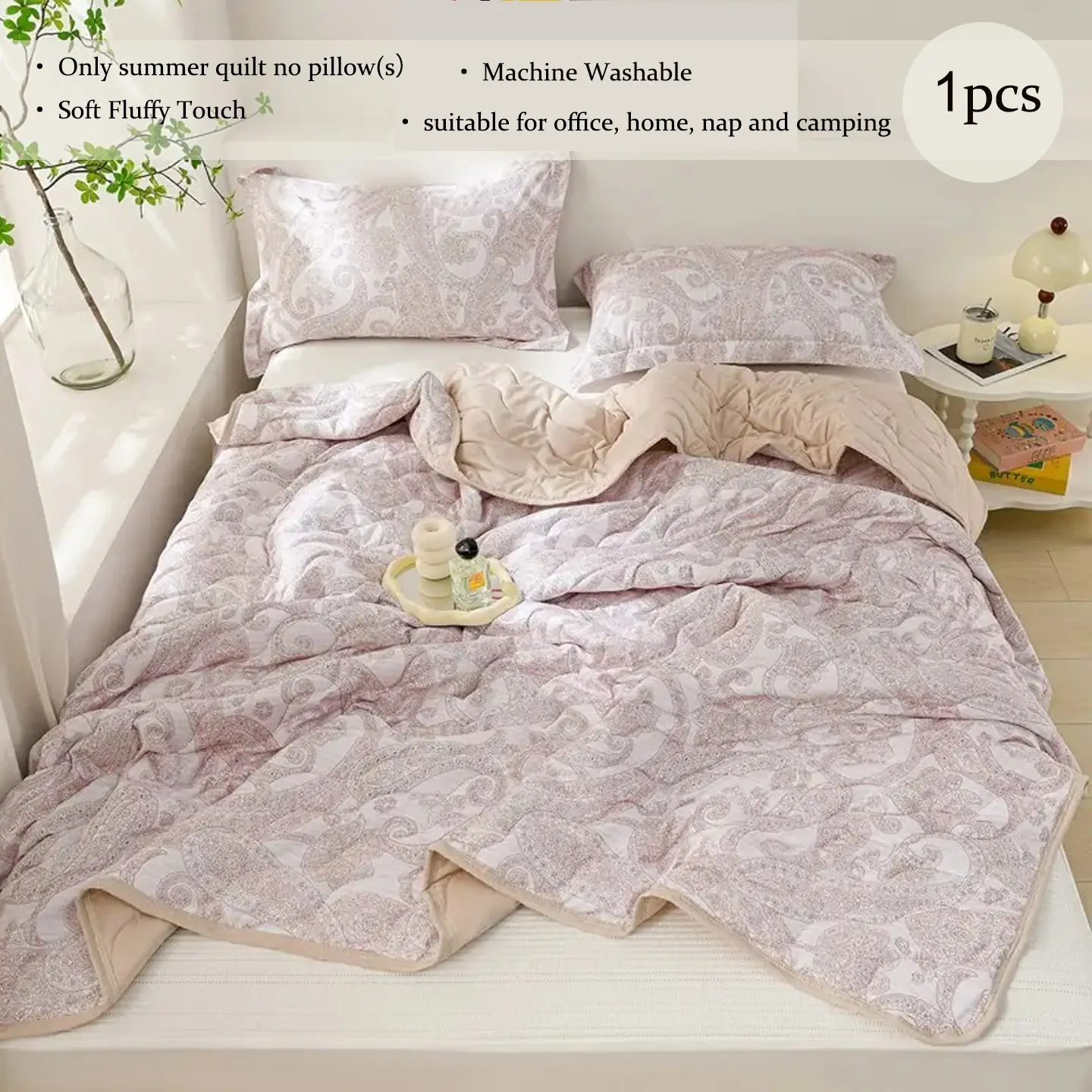 1pc Soft Pink Paisley Quilted All Season Quilt, Reversible Lightweight Breathable Thin Comforter, Vintage Boho Bedding Throw Blanket for Bedroom Couch Nap, Multiple Sizes (Only Quilt, No Pillowcases Included)