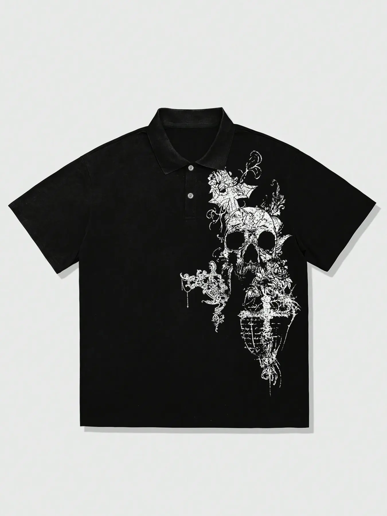 Vintage Washed Collared Polo Tee Dark Skeleton Floral Graphic Short Sleeve Shirt For Hip Hop Men Urban Weekend Street Daily Wear