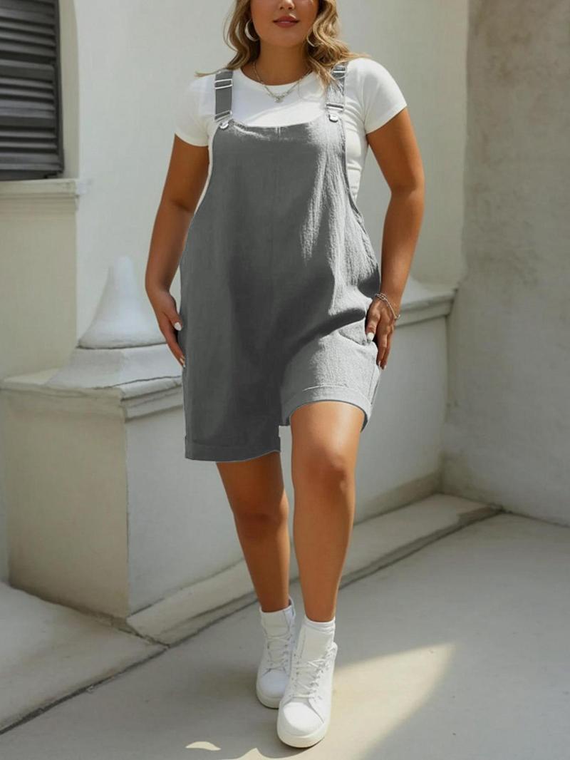 【Plus Size】Solid Color Romper, Casual Comfy Overalls for Summer, Women's Plus Clothing for Daily Wear