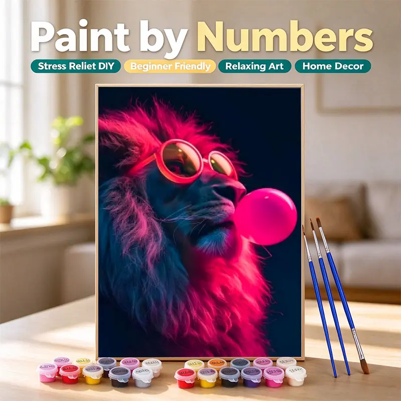 Neon Lion with Red Sunglasses Blowing Pink Bubble Paint by Numbers Kit, Dark Background DIY Wall Art