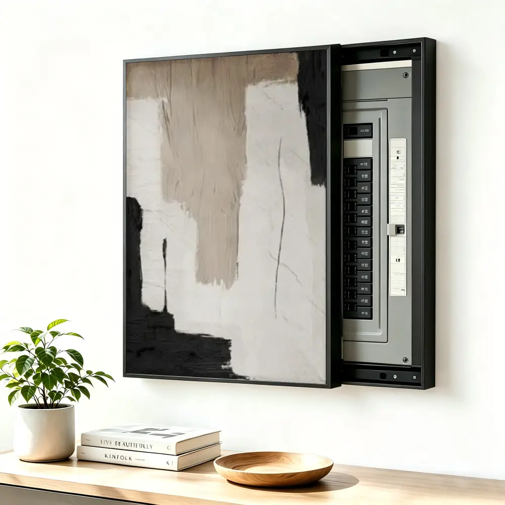 ElectricalPanel Cover Decorative Breaker Box Cover Fuse Box Cover Abstract Black White Beige Brushstrokes Aluminum Alloy Frame With High Quality Canvas, LivingRoom Home Office