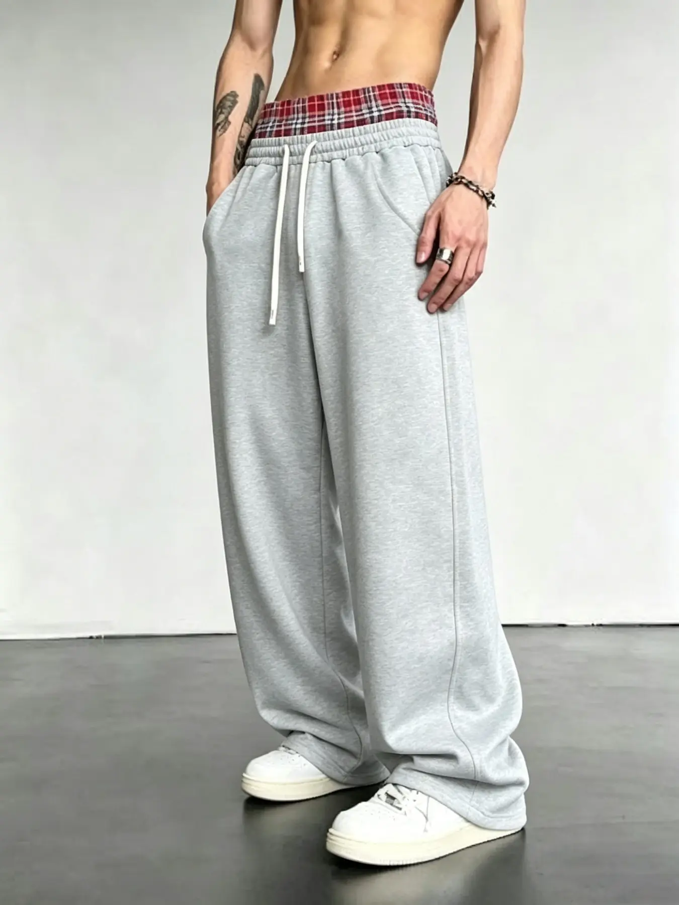 Plaid Patchwork Waist Wide Leg Pants, Lazy Style Drop Shoulder Sportswear, Retro Streetwear Fake Two-Piece Sweatpants, Unisex Couple