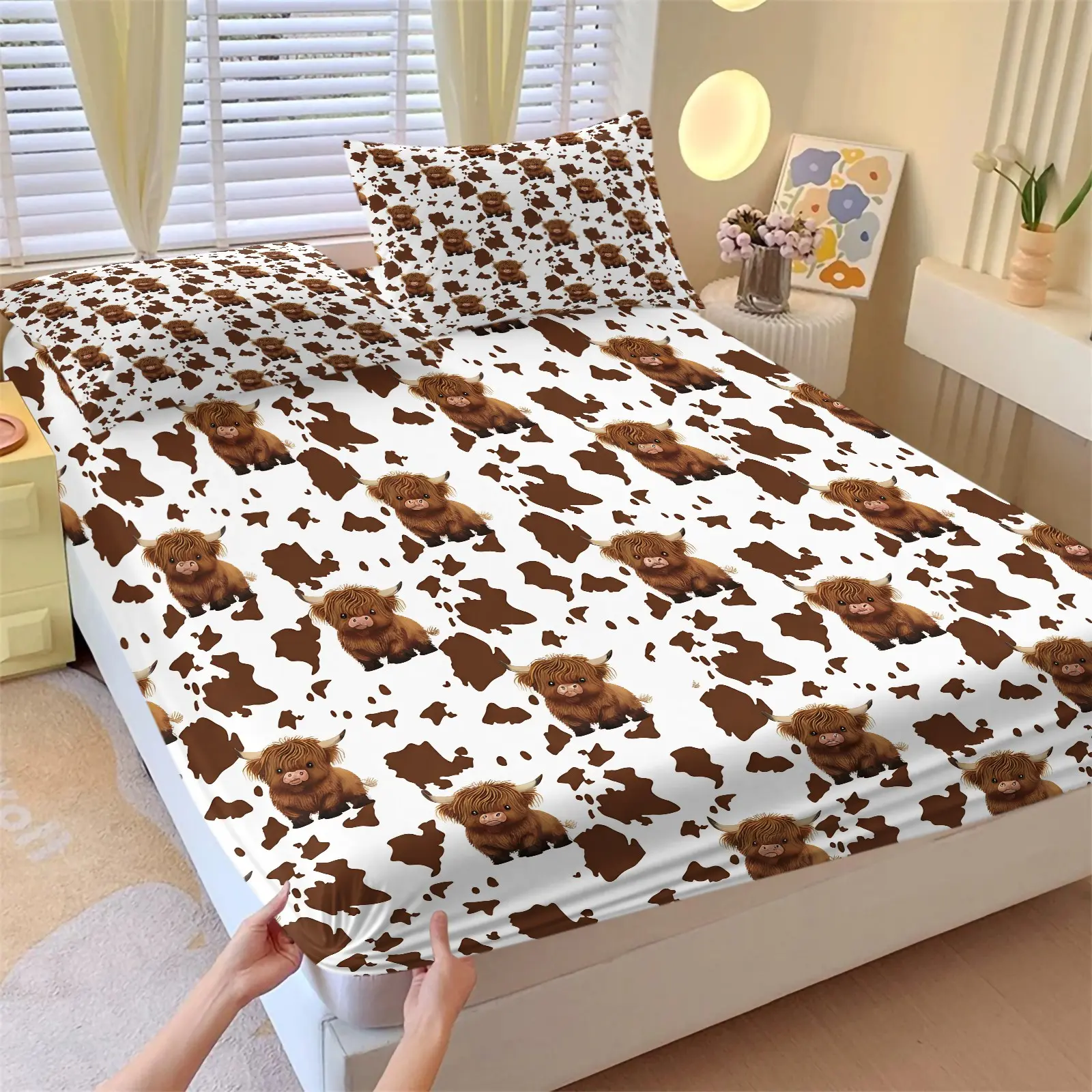 3pcs Cute Highland Cow Black Bow Fitted Sheet Set, Includes 1 Fitted Sheet + 2 Pillowcases, Skin Friendly Soft Cozy Breathable Microfiber, Deep Pocket Anti Slip Bedding, High Definition Digital Print, Sweet Gift for Kids Girls Bedroom Decor