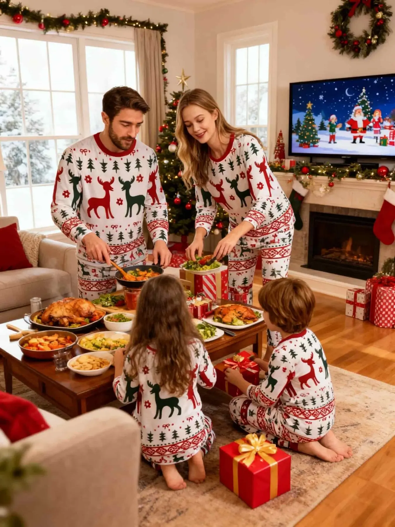 2-Piece Christmas Pajama Set, Long Sleeve and Pants, Reindeer Print, Couples Sleepwear, Men Women Kids, Casual Loose-Fit, All Seasons