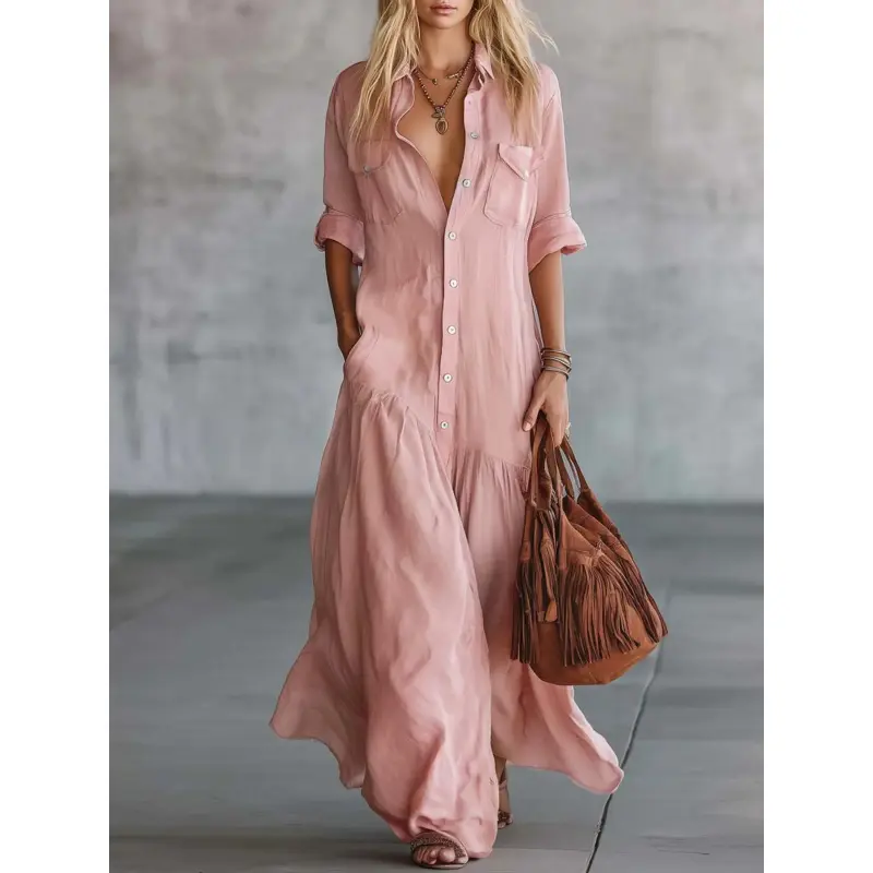 2026 Long Dress with Shirt Collar and Button Design, Fashionable Patchwork Pocket Detail, European, American and Bohemian Style Cross-Border Export