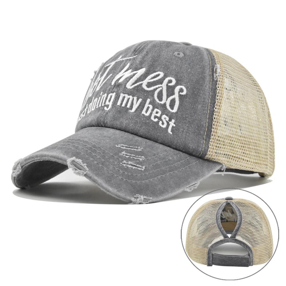 Ponytail hat with embroidery, European and American trendy cap, open-top baseball cap, ponytail cap, distressed baseball cap, versatile sun hat