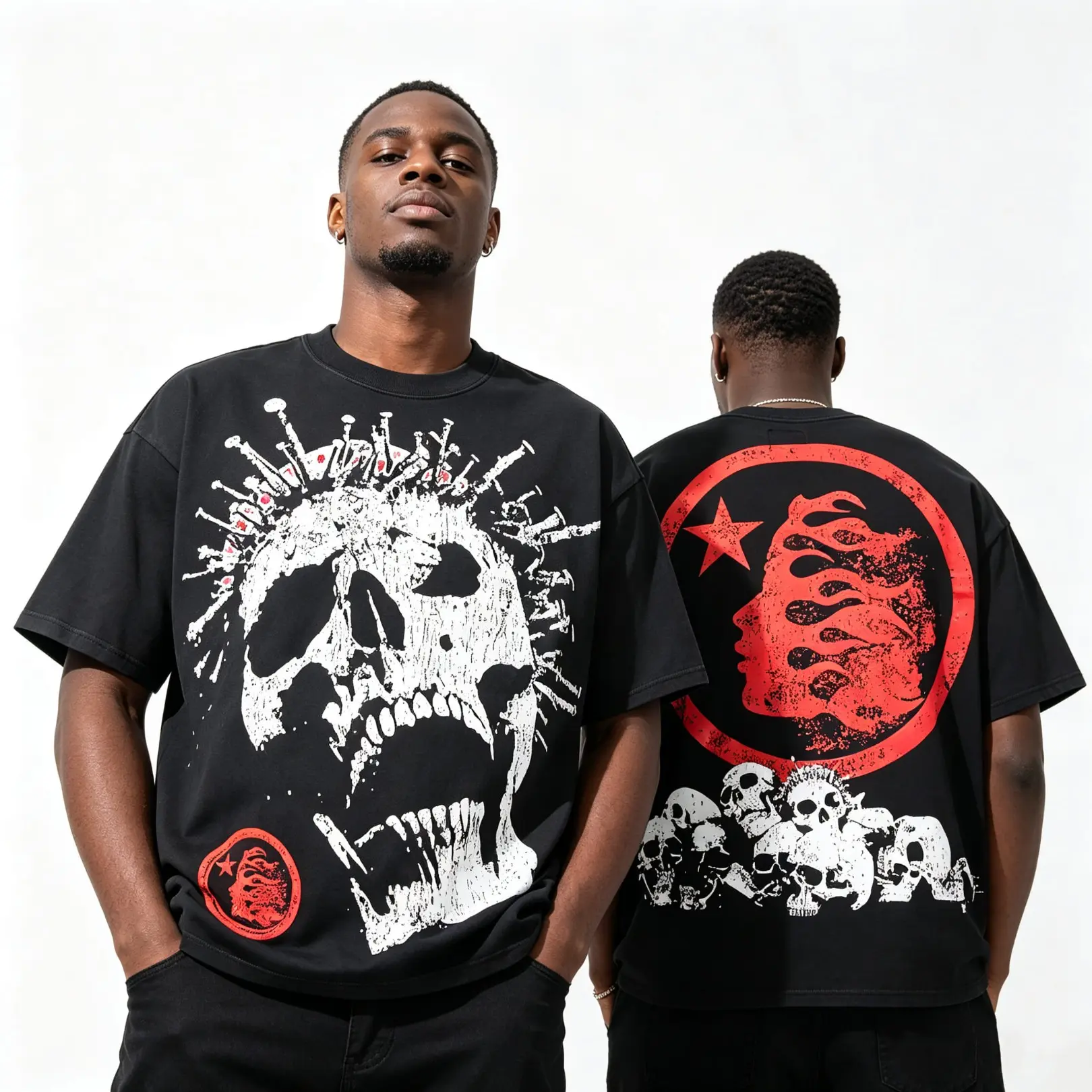 Y2K HELLSTAR Washed Black Skull Graphic Tee Heavyweight Oversized Streetwear T-Shirt Unisex Punk Professional Certified Vintage Casual Top