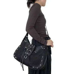 Y2K Grunge Studded Hobo Bag |     Vintage Cyber Punk Shoulder Bag with Adjustable Strap |     Large Capacity Multi-Pocket Crossbody Tote Bag for Streetwear & Party