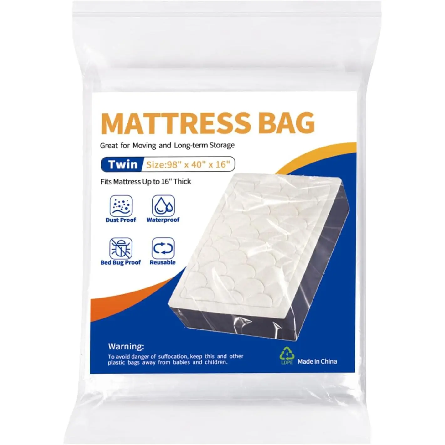 Plastic Waterproof Mattress Protector Cover, Heavy-Duty Mattress Moving Supplies (1, Twin)