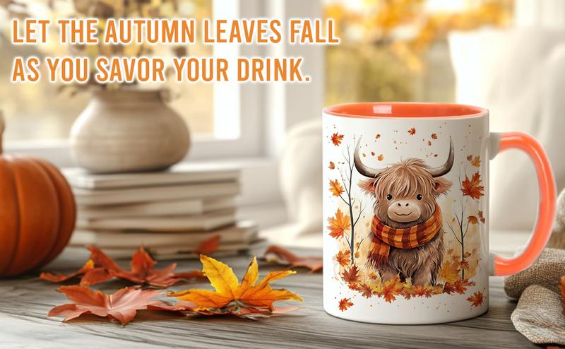 Fall Highland Cow Maple Leaves Coffee Mug - Birthday Gifts For Cow Lovers - Fall Autumn Decor Gifts For Farmhouse Thanksgiving - Highland Cows Gift - 11oz White Ceramic Coffee Tea Mug Drinkware Cup