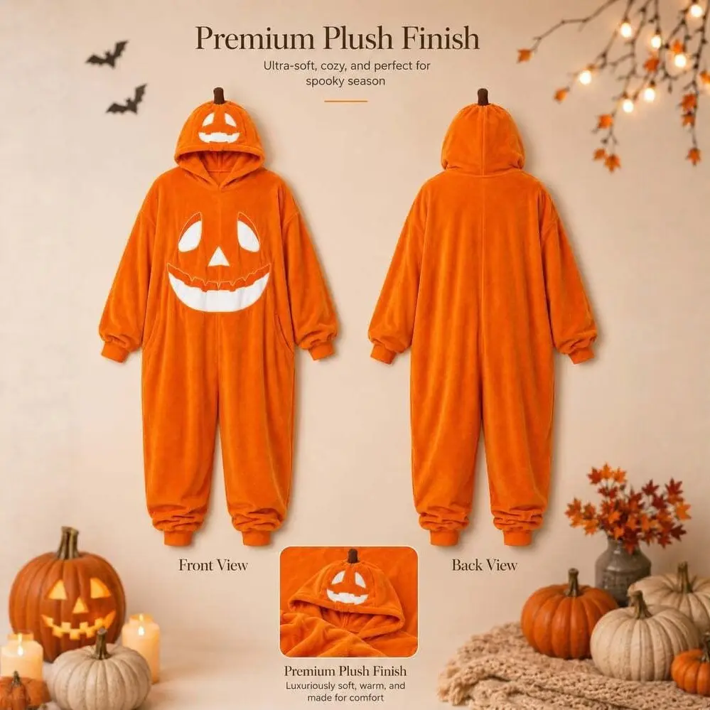 Halloween Pumpkin Onesie Pajama Nightwear for Adults, Cosplay Jumpsuit Loungewear, Festive Home Wear, Perfect Holiday Gift for Men & Women