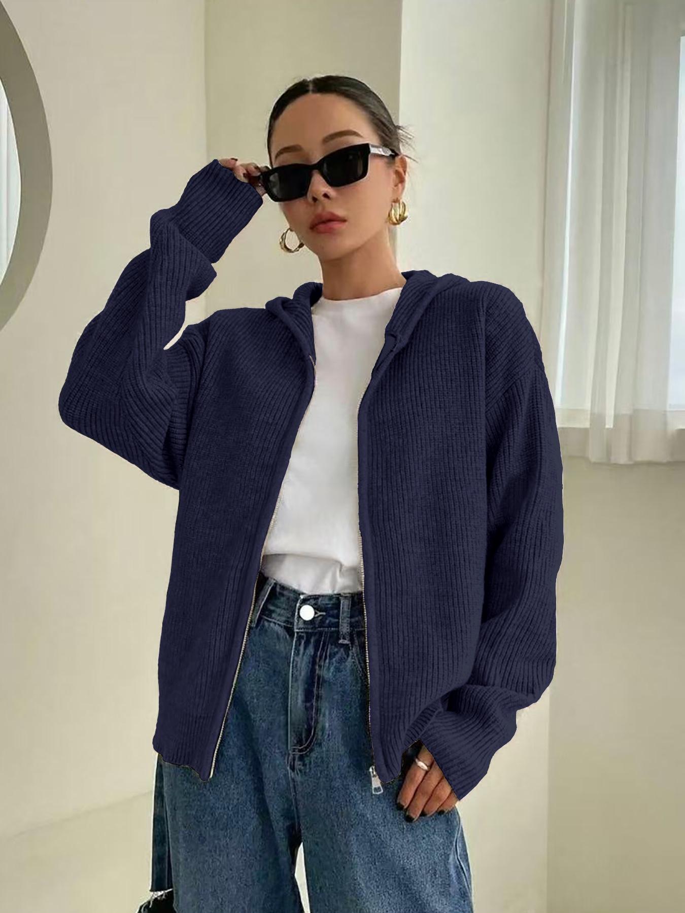 Women's Solid-Color Zip-Up Hooded Cardigan, Casual Fit Long Sleeve Knitwear for Fall & Winter, Ladies' Fashion Sweater for Daily Wear