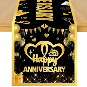 1Set Wedding Anniversary Table Runner Black Golden Happy Anniversary Linen Fabric Table Runner for Everyday Use 72 x 13 Inches Washable Table Cover for Indoor Outdoor Kitchen Dining Table Decor