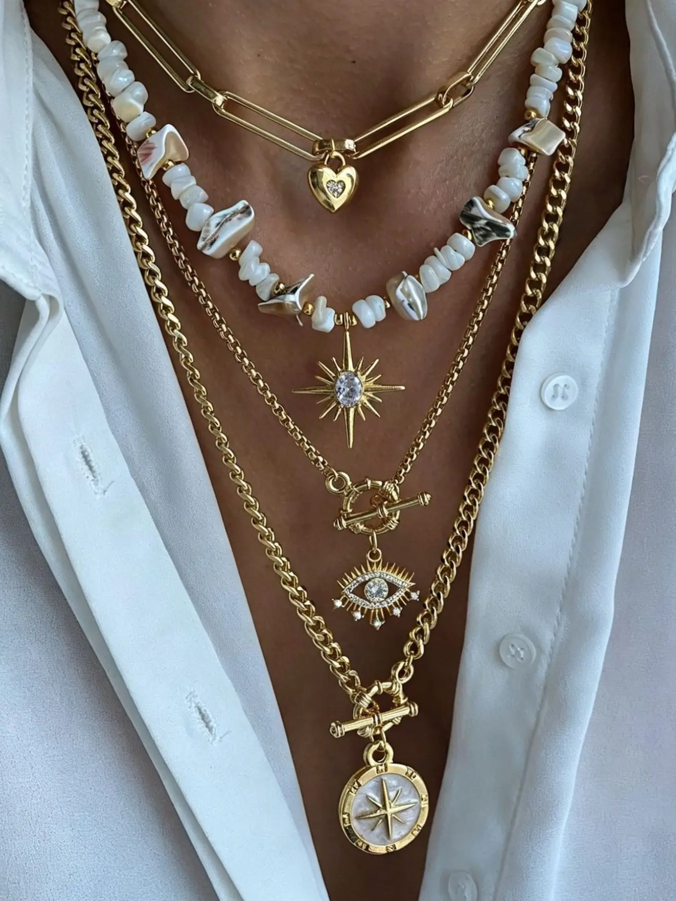 4 Piece Boho Layered Necklace Set, Interchangeable Chain & Cuban Link, Baroque Pearl, Heart, Starburst, Evil Eye, Compass Pendants, Women's Jewelry