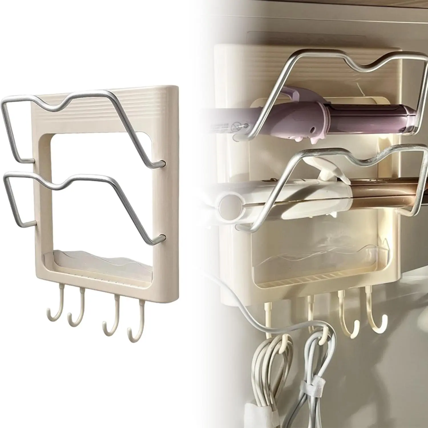 Wall-Mounted Hair Styling Tool Holder - 1 Count Punch-Free Hair Dryer & Curling Iron Organizer Rack - Bathroom Storage Shelf for Blow Dryer, Straightener & Curling Iron