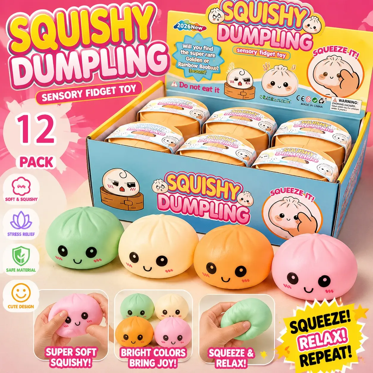 1 Box of 12 Random Color Squishy Toys, Stress Relief Jiaozi Squishies, Compression Toy Gift Set with Steamer Basket, Wholesale High Value