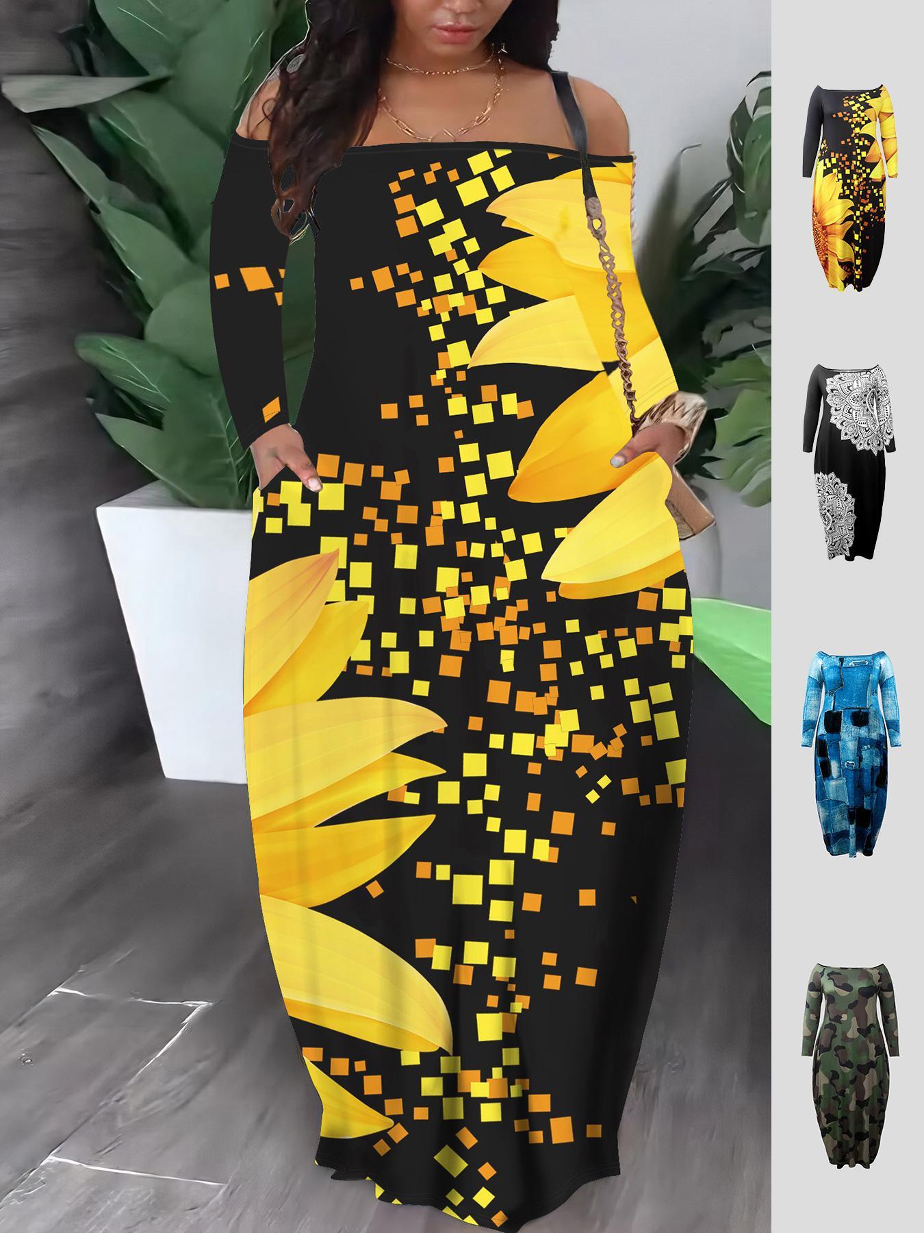 【Plus Size】 Casual Boho Elegant All Over Print Pocket Off Shoulder Dress Long Sleeve Long Dress for Spring & Fall, Women's Clothes for Daily Wear