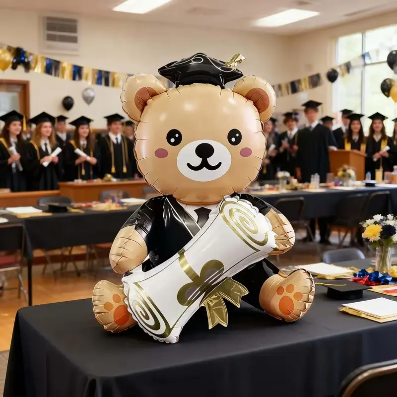 3D Cute Graduation Teddy Bear Balloon, with Hat, Gown, Diploma, Perfect for Graduation Party, Indoor Outdoor Decoration, Aluminum Foil Balloon