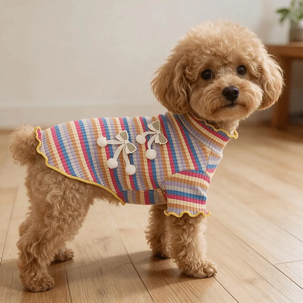 Rainbow Stripe Ribbed Stretchy Pet Short Sleeve T-Shirt, Ruffled Hem Collar Cuffs with Double Pom Pom Bows on Back, Soft Breathable Knit Dog Cat Base Shirts for Small Medium Puppy Kitten Indoor Daily Wear Party Photography Outfit