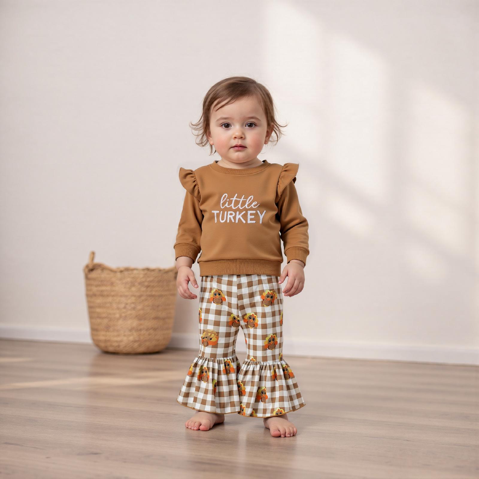 Kids Infant Toddler Little Girl Thanksgiving Outfit Little Turkey Letter Long Sleeve Sweatshirt and Plaid Turkey Flare Pants 2 Piece Set