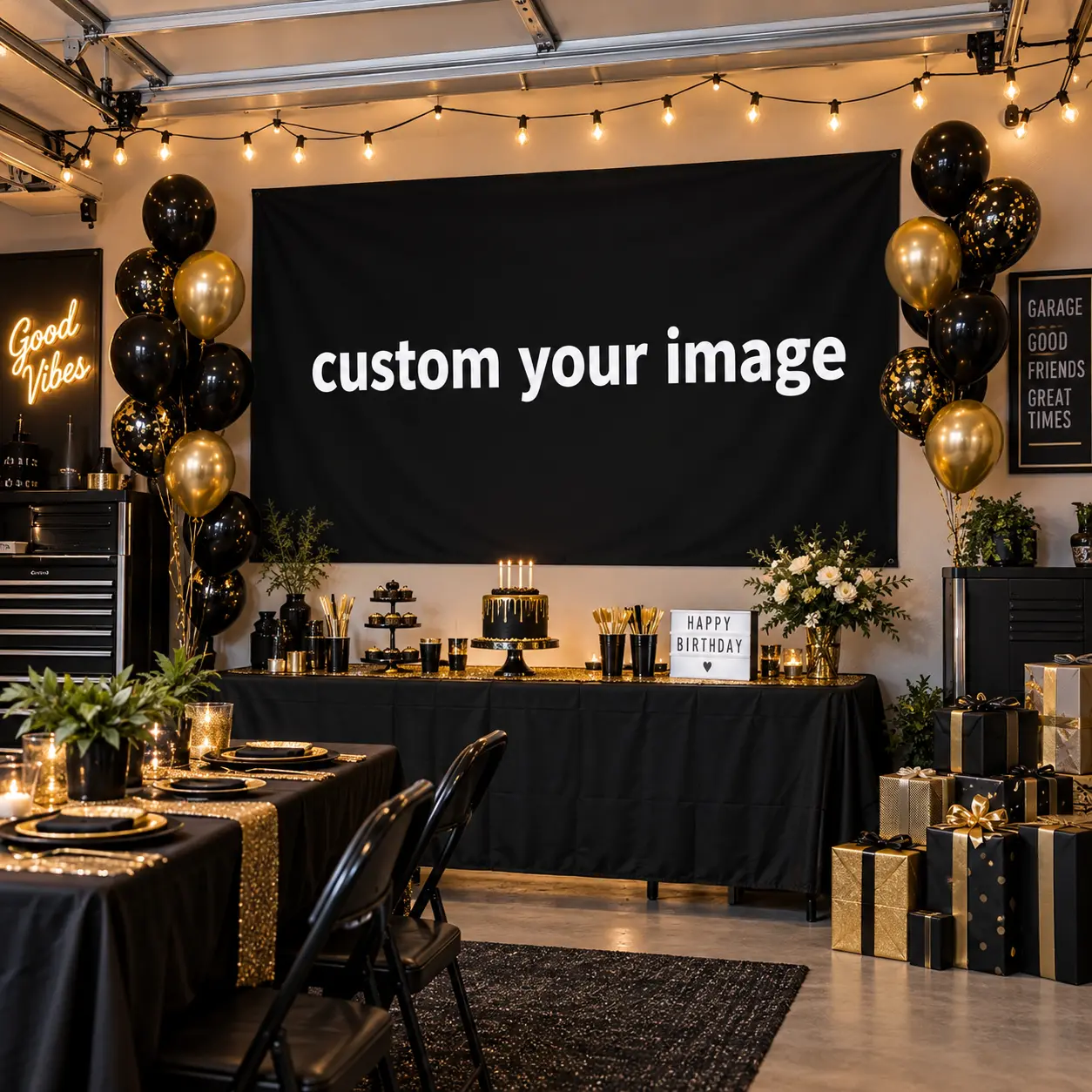 Custom Photo & Name Black Gold Birthday Backdrop, Personalized Party Banner for Adults Milestone Celebration