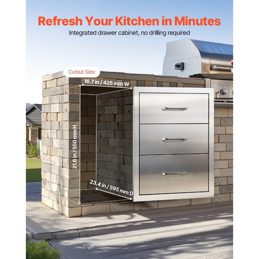 VEVOR Outdoor Kitchen Drawers 18.11 Wx 23.23 Dx 23.23 H, Triple-Access Stainless Steel Modular Drawer Cabinet with Handles, BBQ Island Drawer for Outdoor Kitchen BBQ Island Patio Grill Station