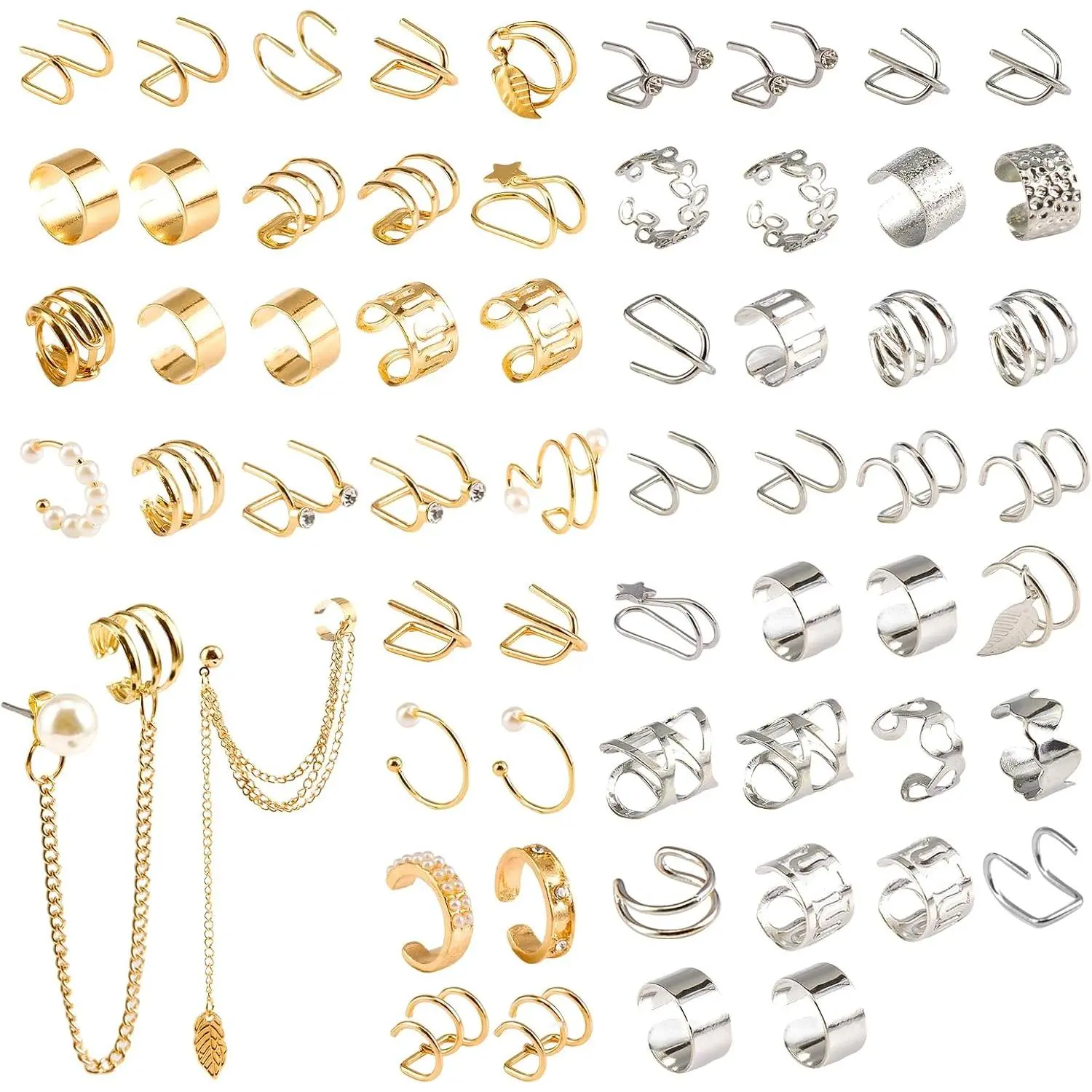 60 count Ear Cuff Earrings for Women Non  Helix Cartilage   Plated Clip  Earrings Ear Wrap Earring for  Ears Women Men  Earring Set
