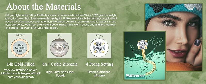 LOLIAS 14K Gold Filled Nose Studs 316L Surgical Steel Gold Nose Rings Studs 6A CZ Simulated Diamond Corkscrew L Shaped Nose Piercing Hypoallergenic Nose Rings for Women Men 20G