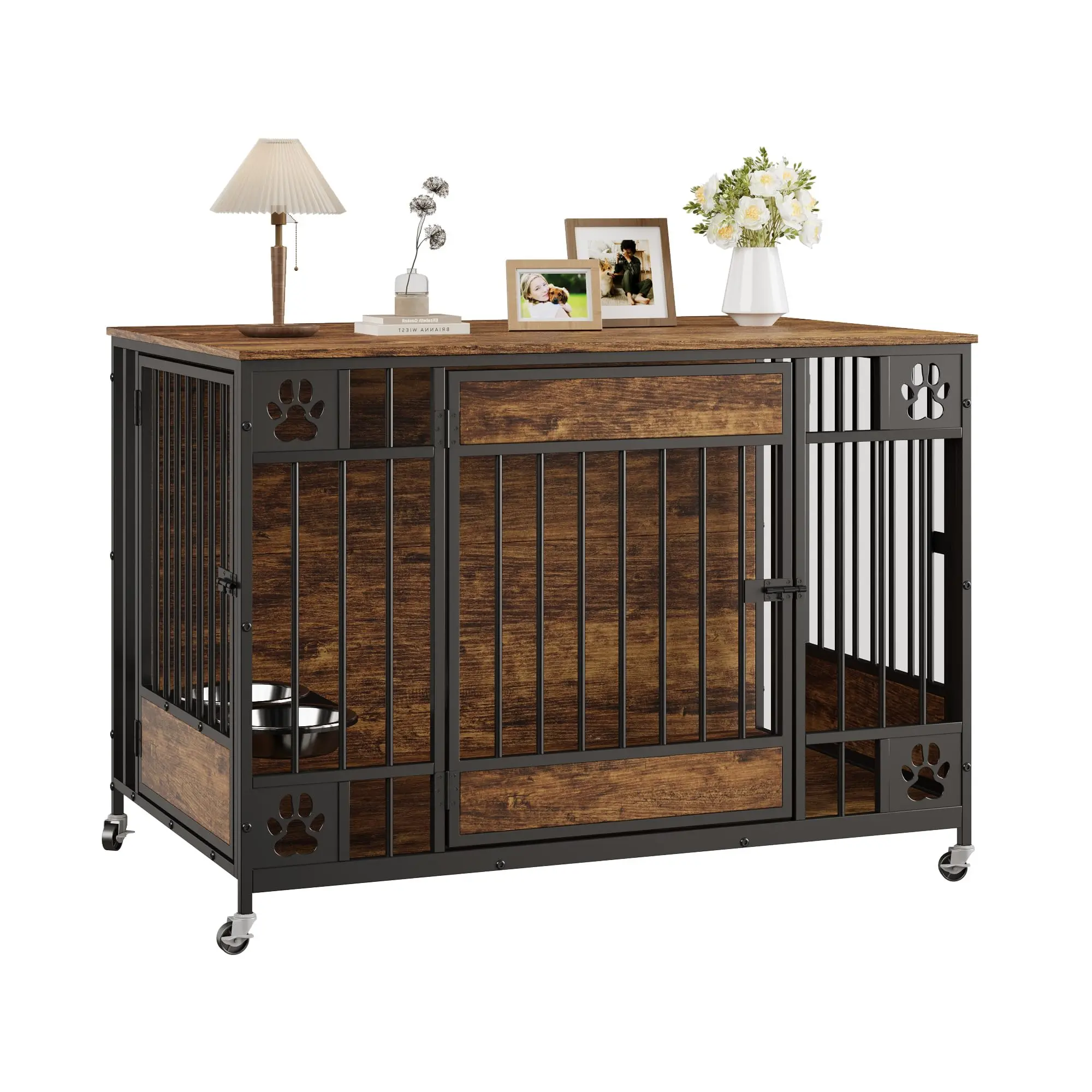 Dog Crate Furniture, 41" Indoor Dog Kennel Adjustable Feeder with Triple Doors & 2 Bowls, Lockable Wheels & Bolt-Latch Doors for Small & Medium Dogs