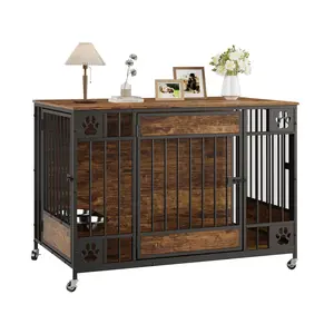 Dog Crate Furniture, 41" Indoor Dog Kennel Adjustable Feeder with Triple Doors & 2 Bowls, Lockable Wheels & Bolt-Latch Doors for Small & Medium Dogs