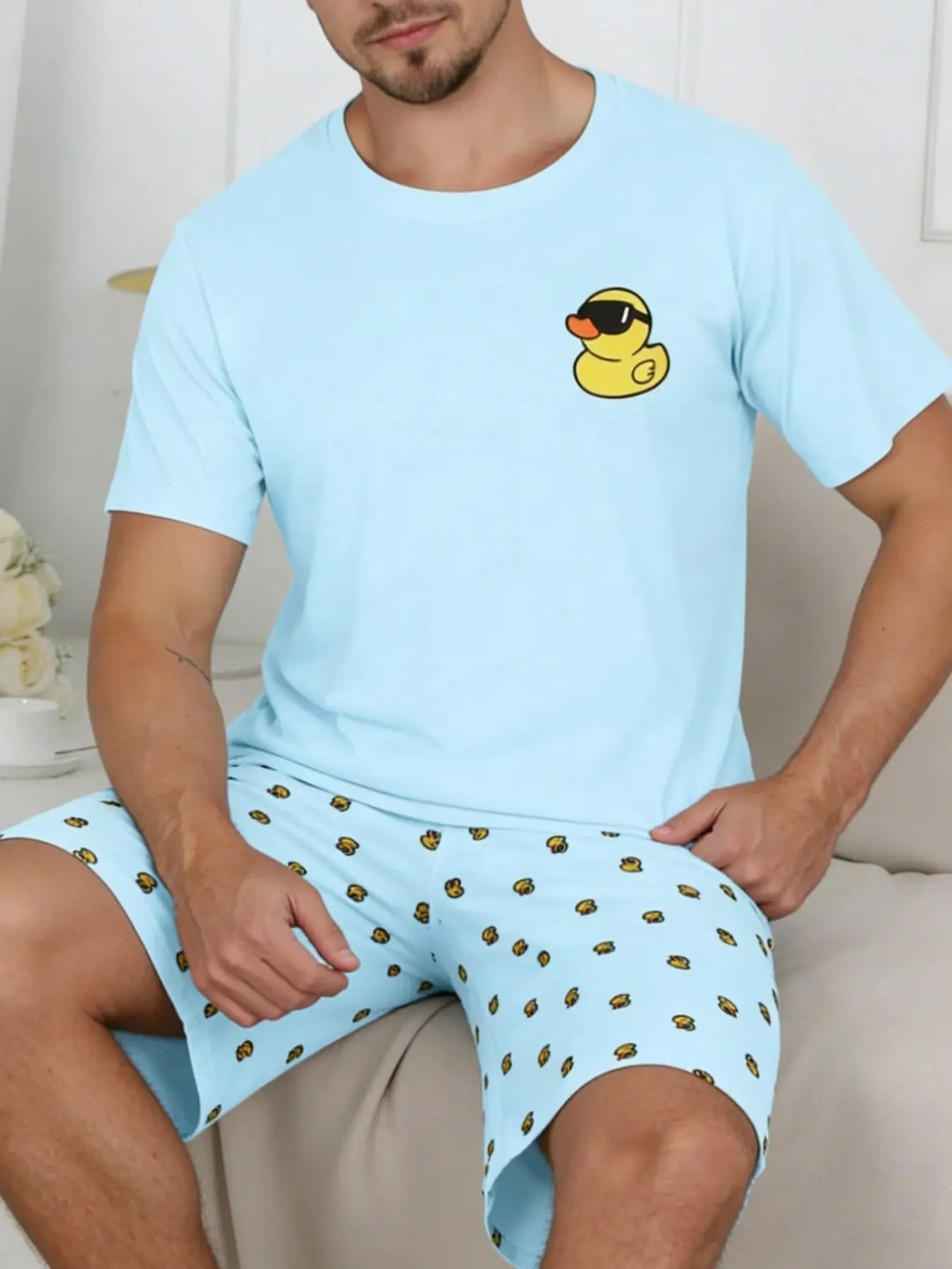 Men's Summer Casual Home Wear Set, Comfortable Soft Short Sleeve Shorts, Sunglasses Duck Print, Two-Piece Sleepwear for Home and Outdoors