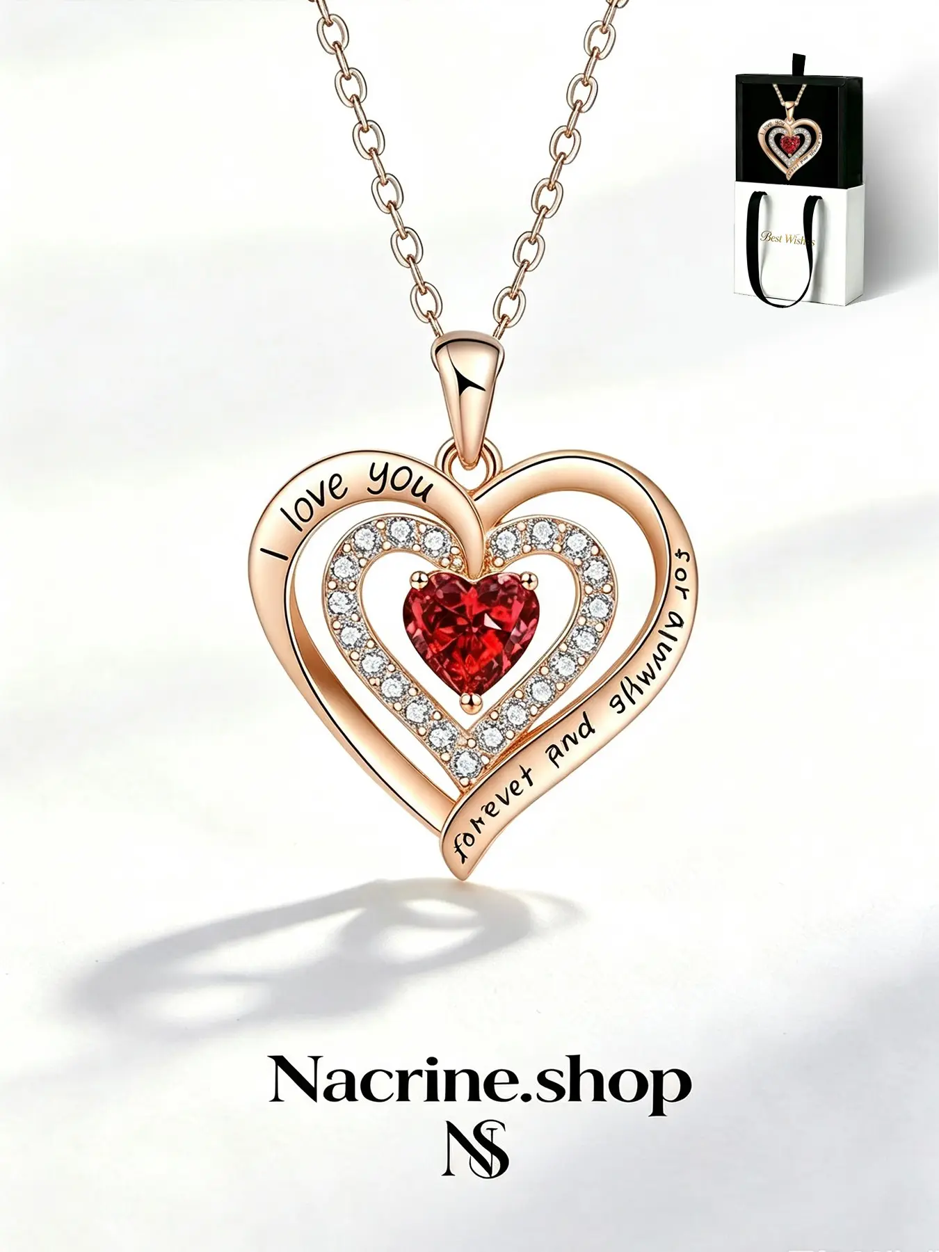 Blazing Heart Eternal Promise Engraved Ruby Double Heart Necklace，Gift for lovers, friends & family: birthdays, anniversaries, Valentine’s Day, Christmas and more.