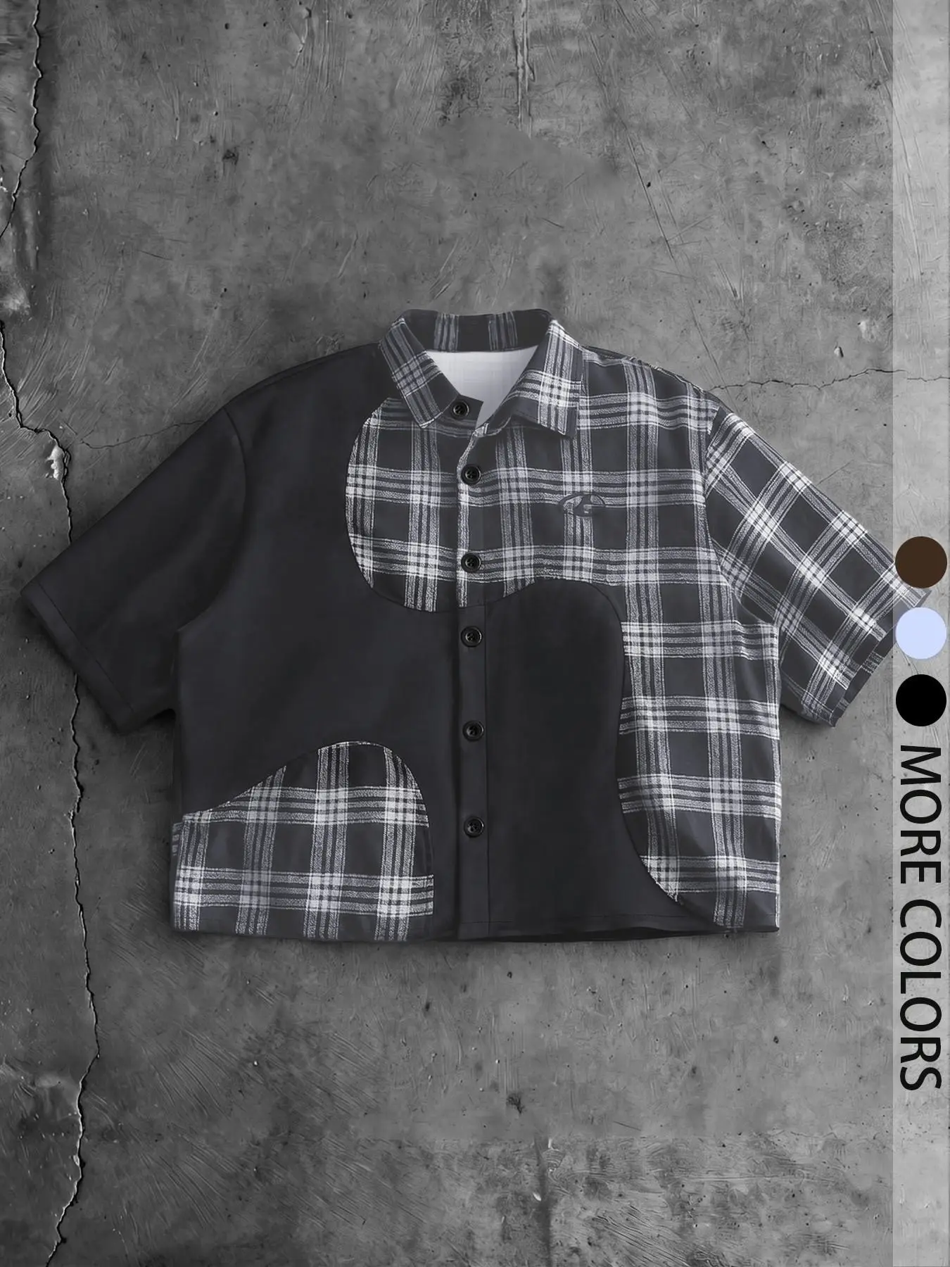 Men's American Vintage Patchwork Plaid Short Sleeve Casual Shirt, Comfortable Outdoor Top, Loose Fit, Long Style, Ideal for Activities, Casual Collared Shirt