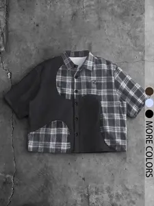 Men's American Vintage Patchwork Plaid Short Sleeve Casual Shirt, Comfortable Outdoor Top, Loose Fit, Long Style, Ideal for Activities