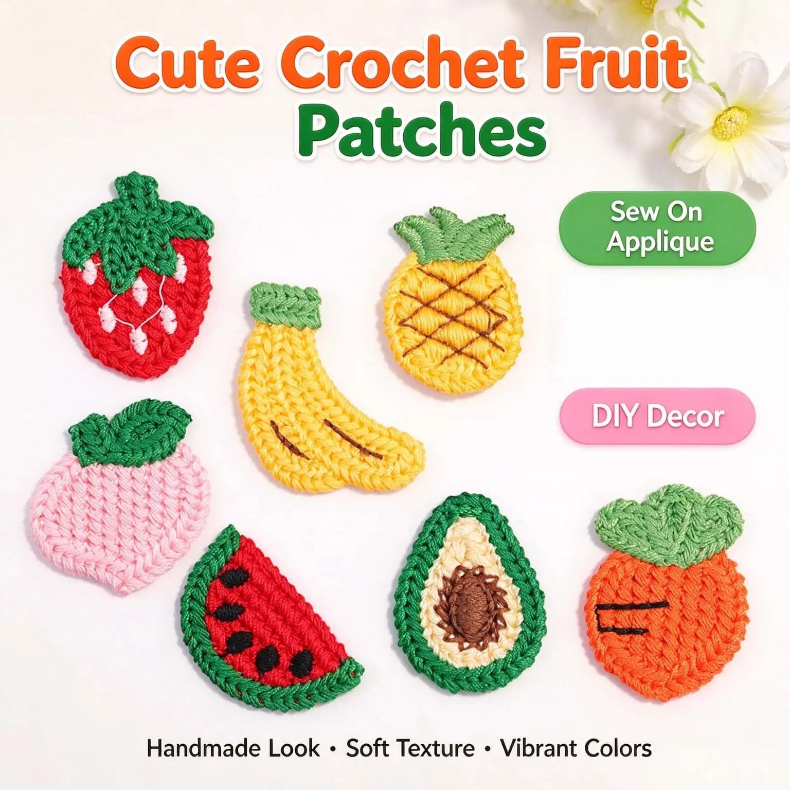 Adorable Crochet Fruit Embroidery Fabric Patches, Strawberry Watermelon Pineapple Appliques, for Clothes Bags Hair Accessories DIY Decoration